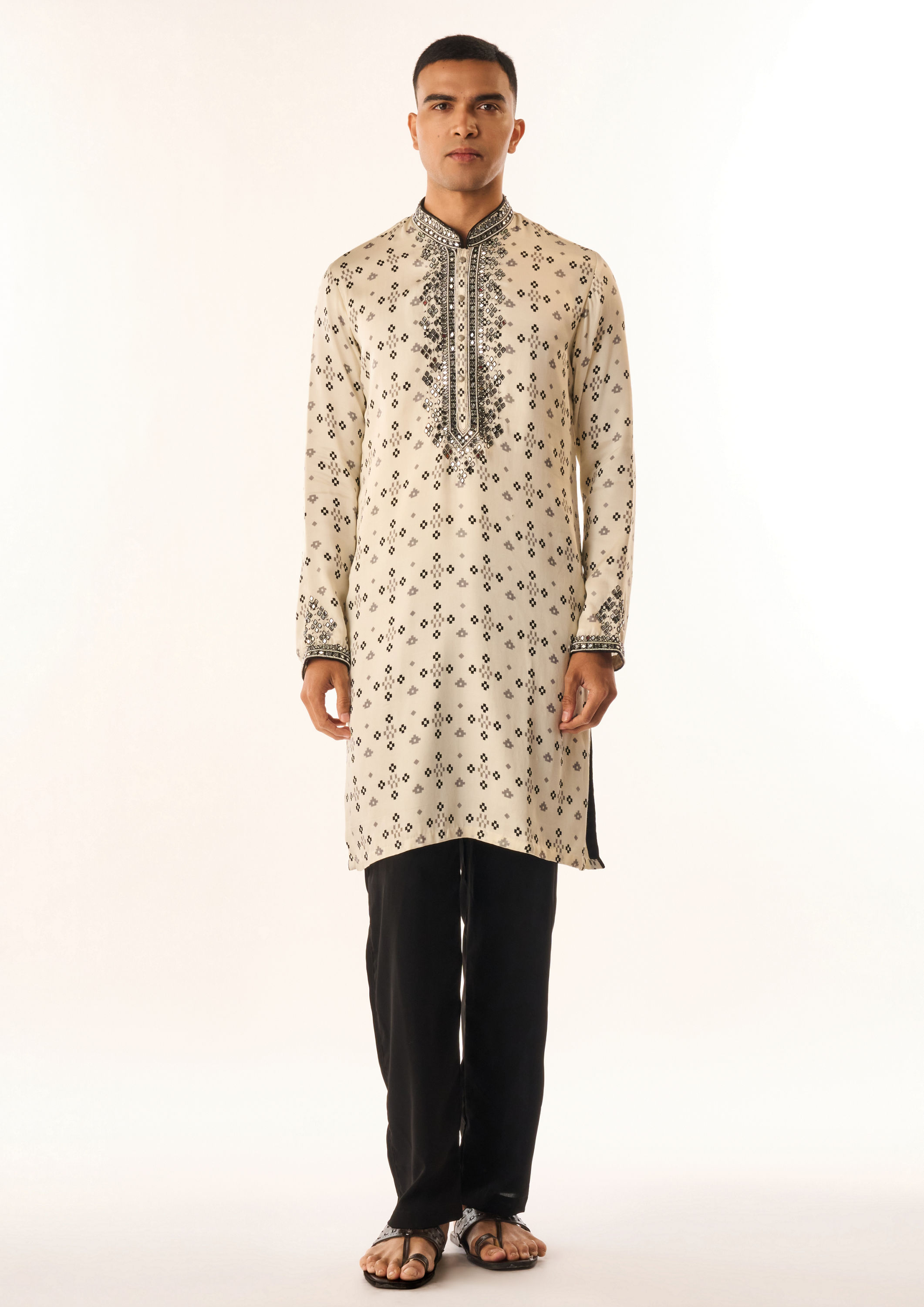 Twamev Men Cream Satin Kurta Set with Embroidery