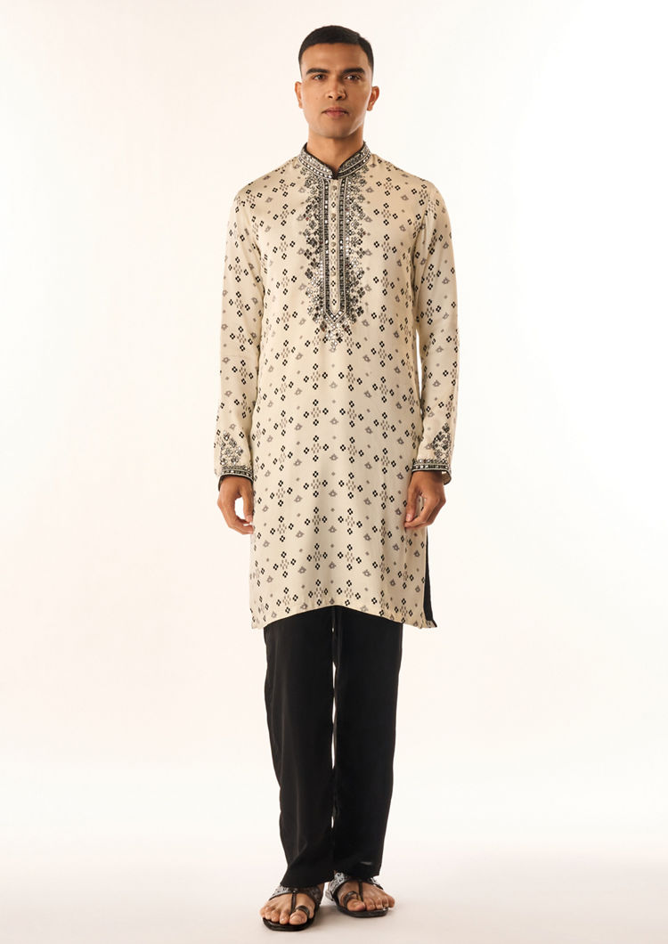 Twamev Men Cream Satin Kurta Set with Embroidery