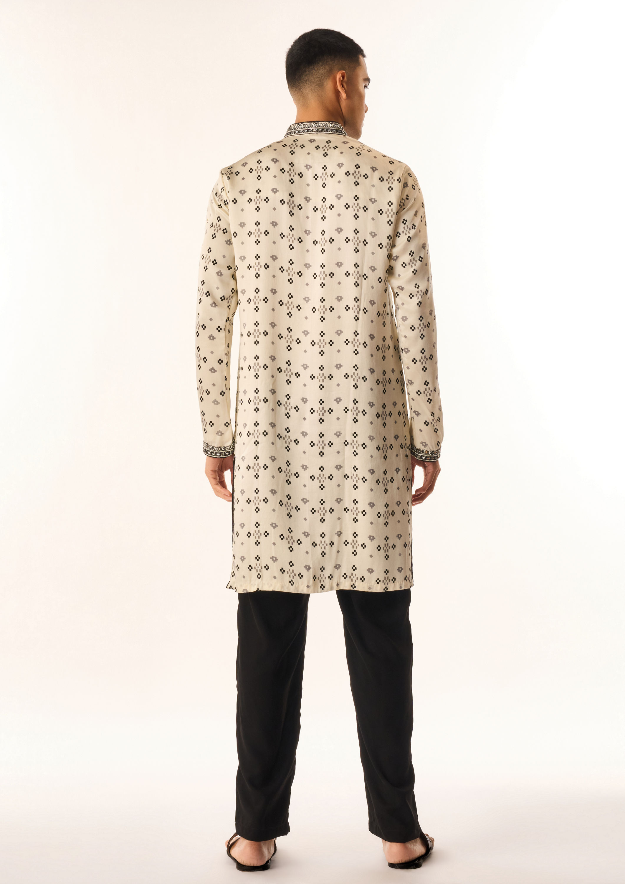 Twamev Men Cream Satin Kurta Set with Embroidery