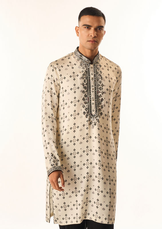 Twamev Men Cream Satin Kurta Set with Embroidery