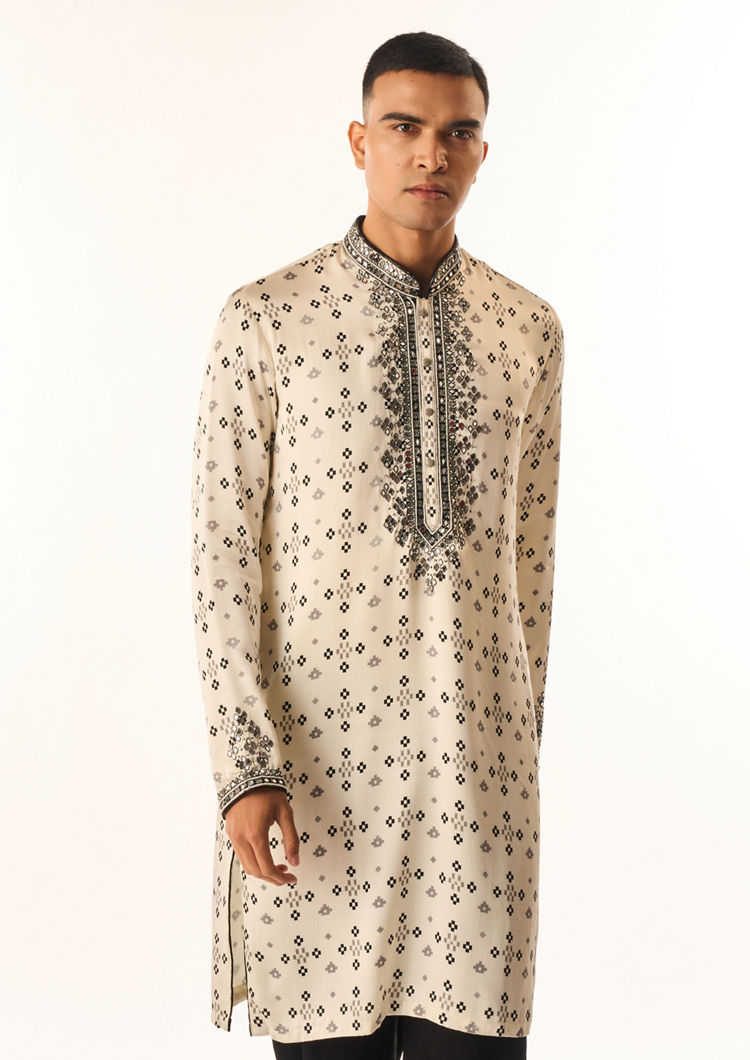 Twamev Men Cream Satin Kurta Set with Embroidery