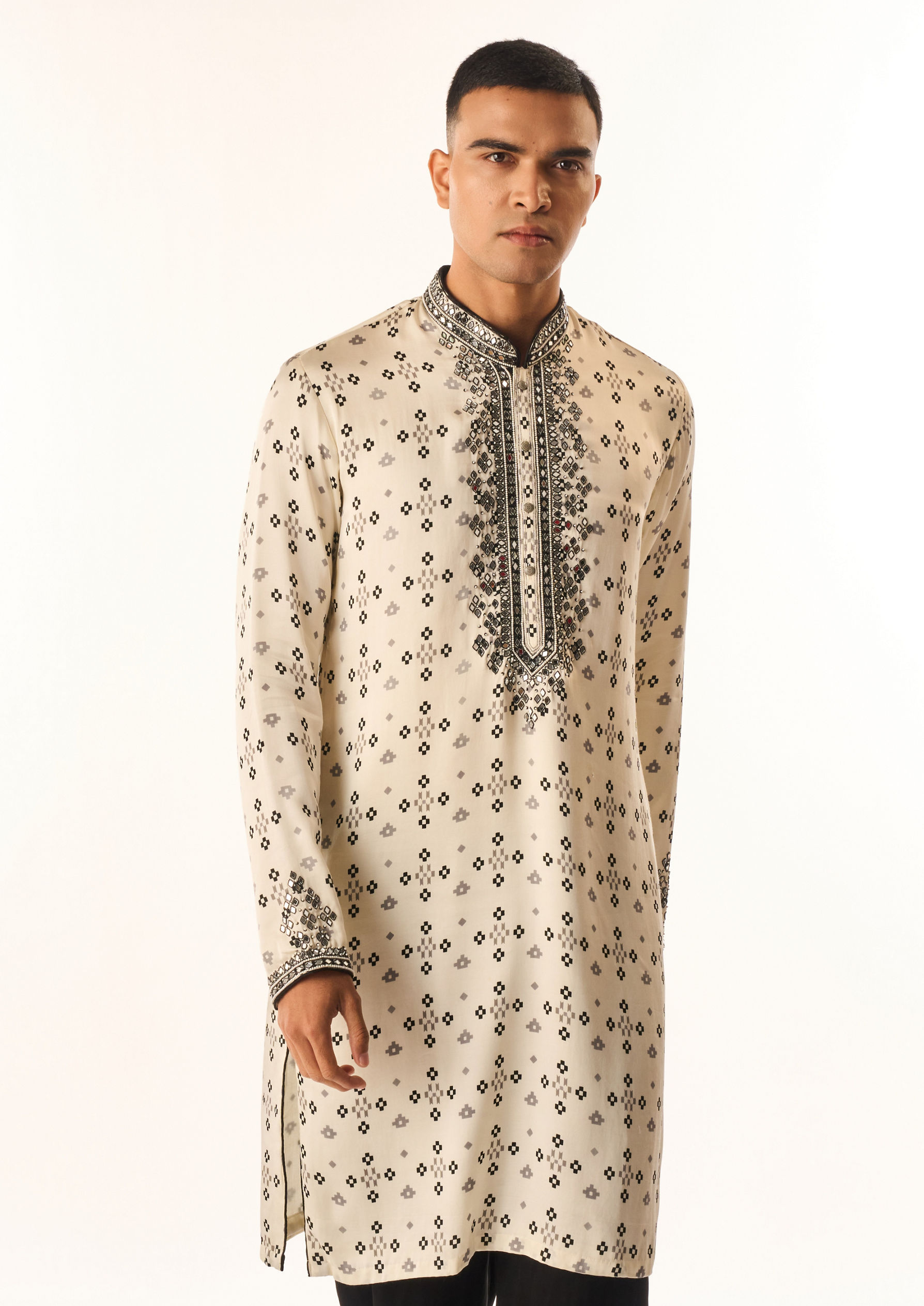Twamev Men Cream Satin Kurta Set with Embroidery