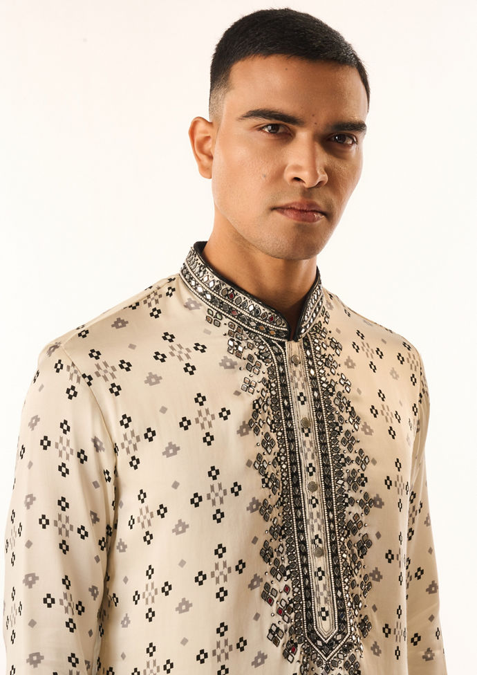Twamev Men Cream Satin Kurta Set with Embroidery