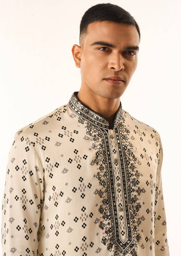 Twamev Men Cream Satin Kurta Set with Embroidery