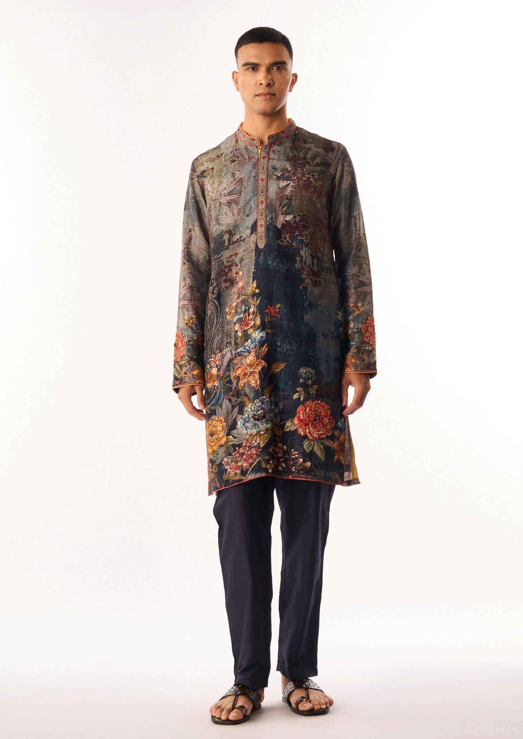 Twamev Men Grey Silk Kurta Set with Floral Print