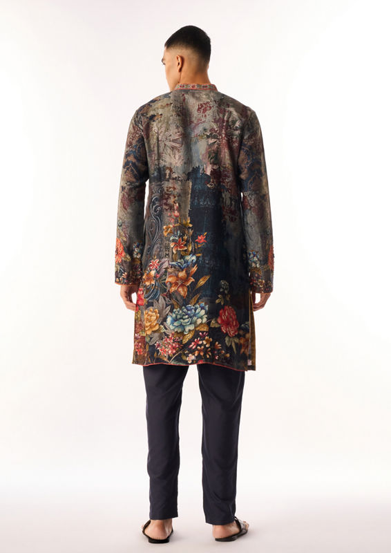 Twamev Men Grey Silk Kurta Set with Floral Print