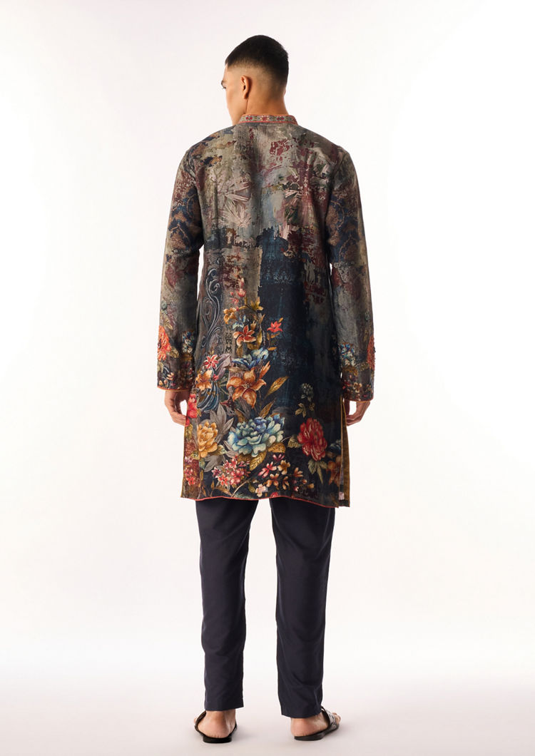 Twamev Men Grey Silk Kurta Set with Floral Print