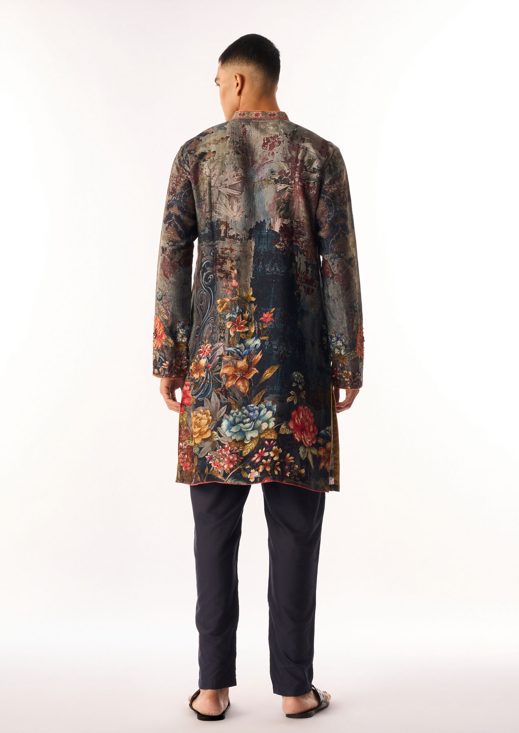 Twamev Men Grey Silk Kurta Set with Floral Print