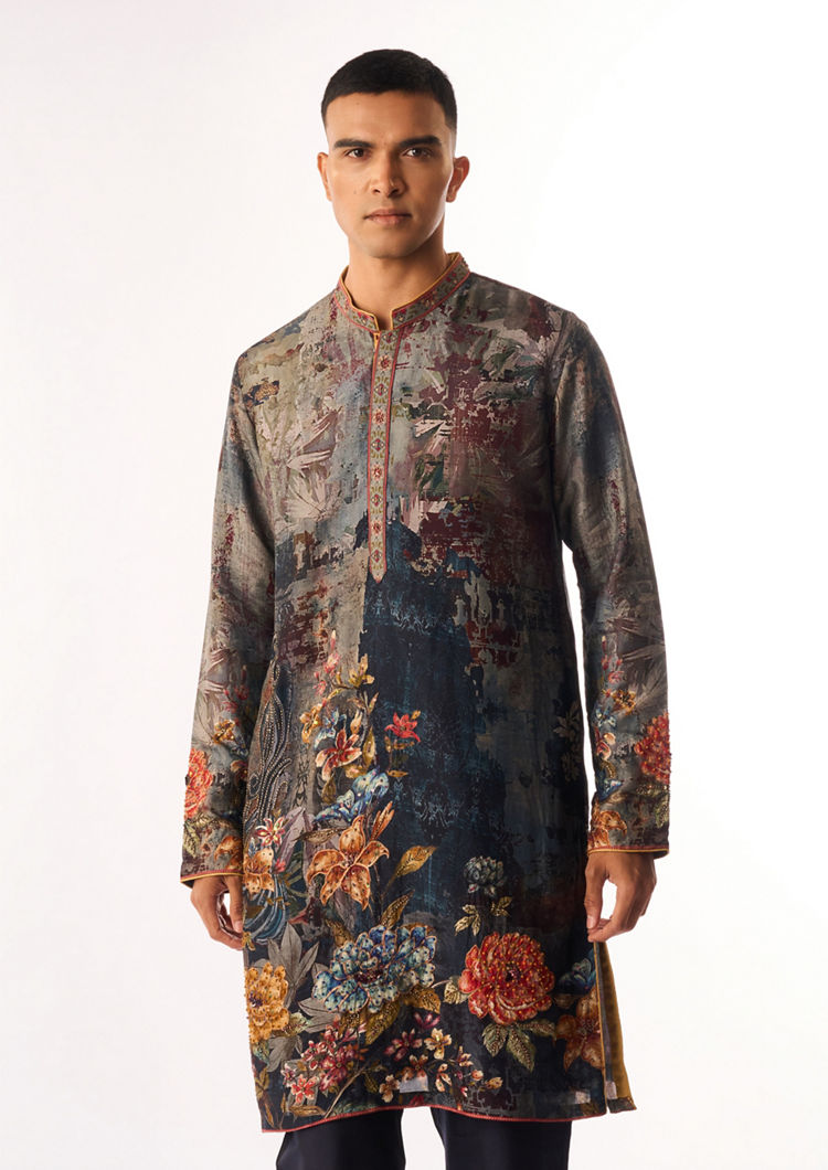 Twamev Men Grey Silk Kurta Set with Floral Print