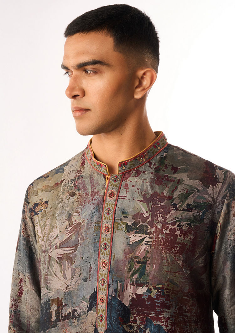 Twamev Men Grey Silk Kurta Set with Floral Print