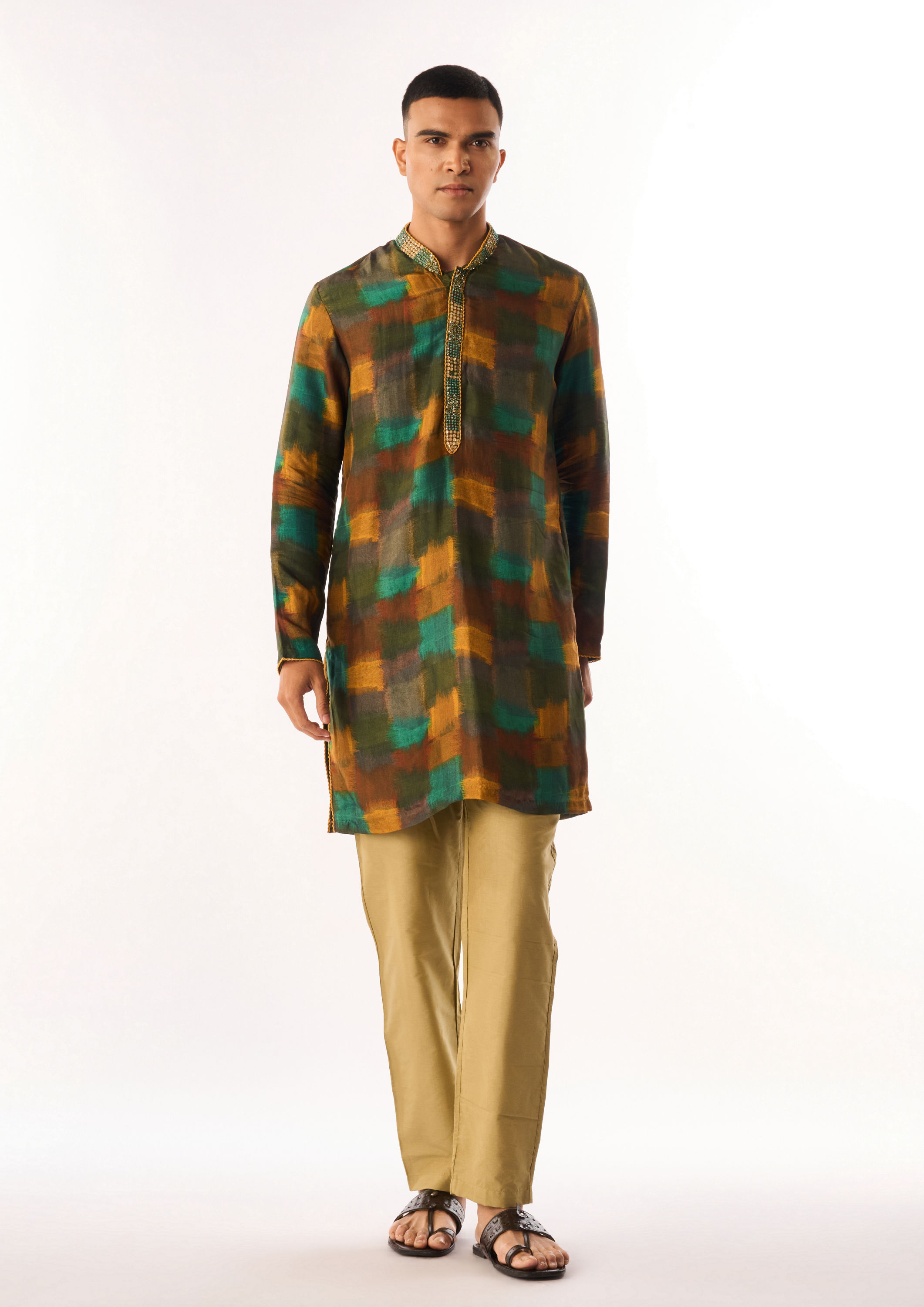 Twamev Men Olive Green Silk Kurta Set with Embroidery