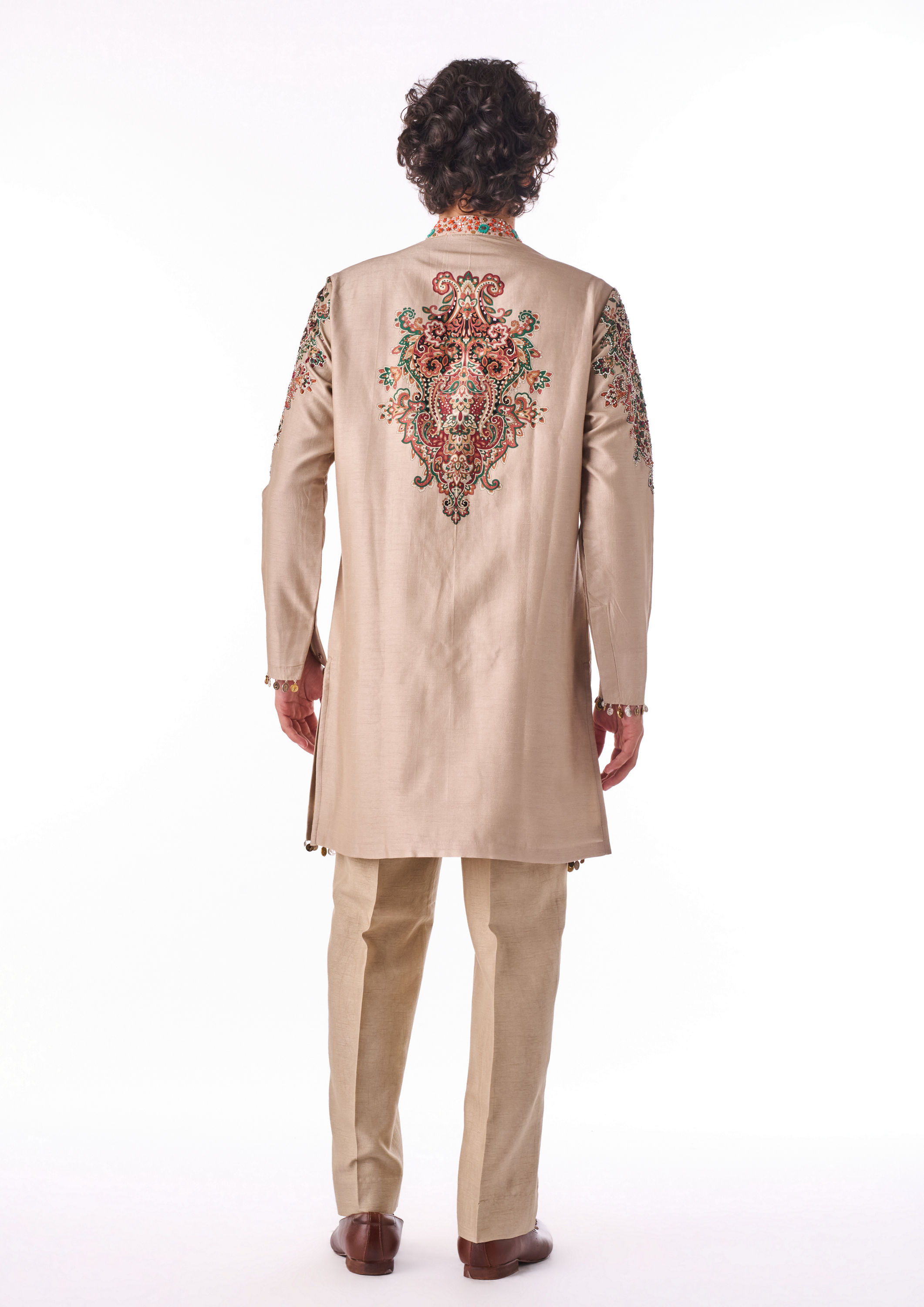Twamev Men Beige Heritage Motif Kurta Set