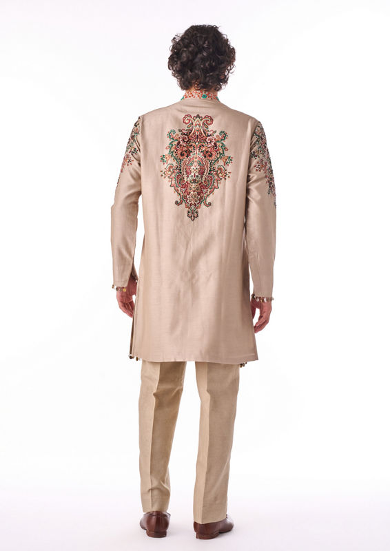 Twamev Men Beige Heritage Motif Kurta Set