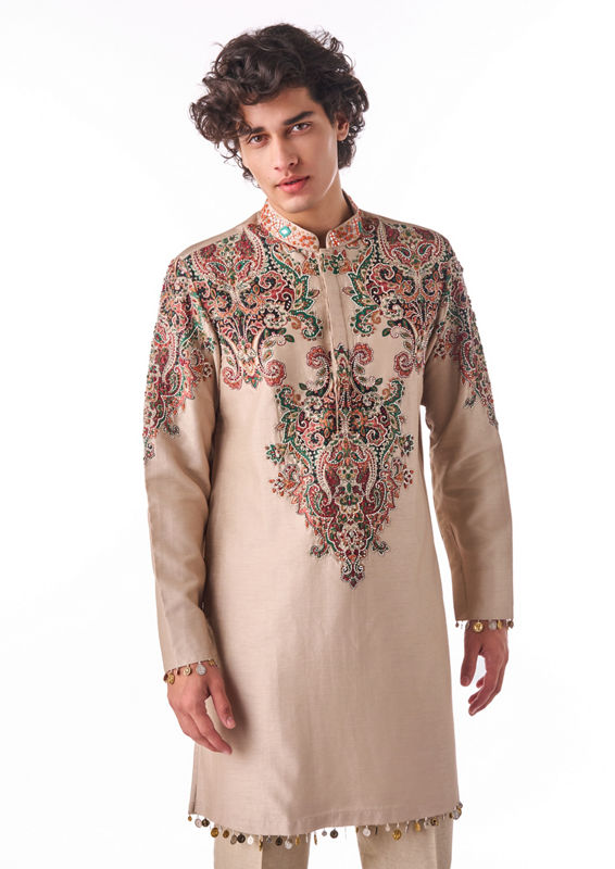 Twamev Men Beige Heritage Motif Kurta Set