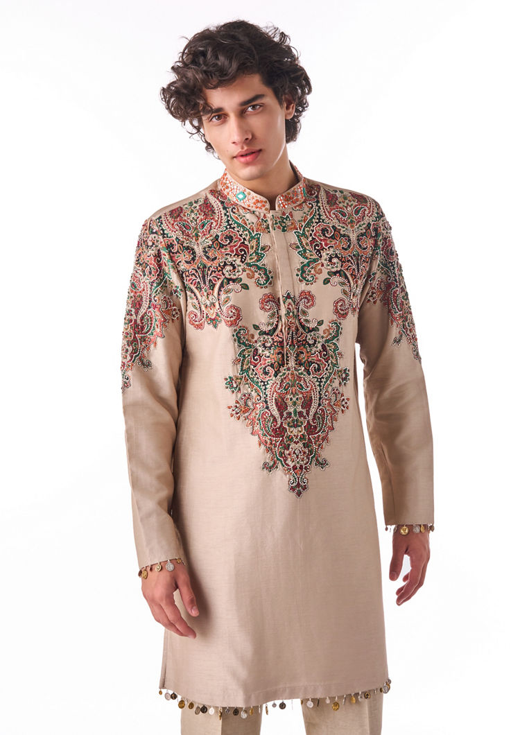 Twamev Men Beige Heritage Motif Kurta Set