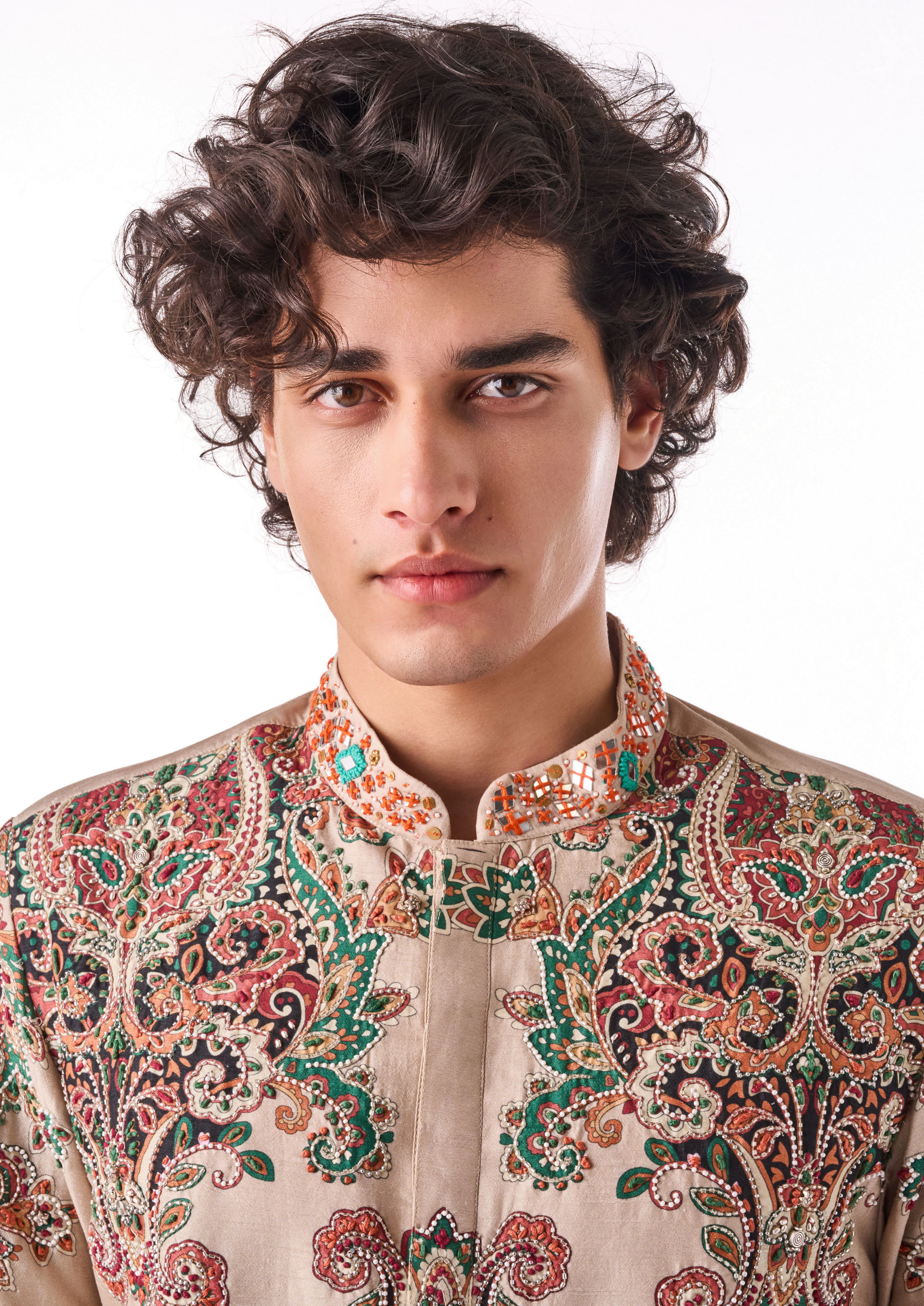 Twamev Men Beige Heritage Motif Kurta Set
