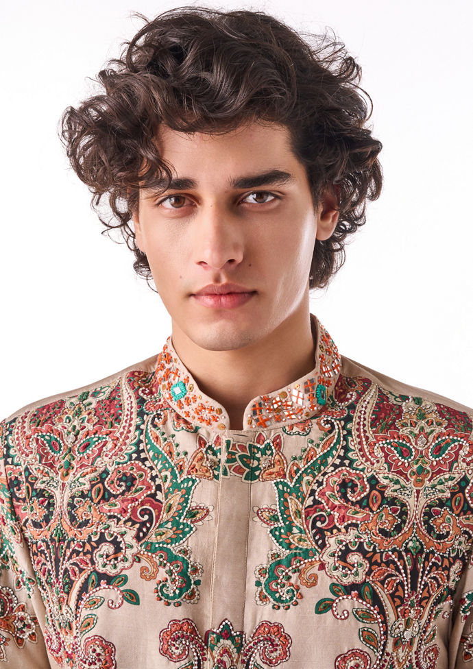 Twamev Men Beige Heritage Motif Kurta Set