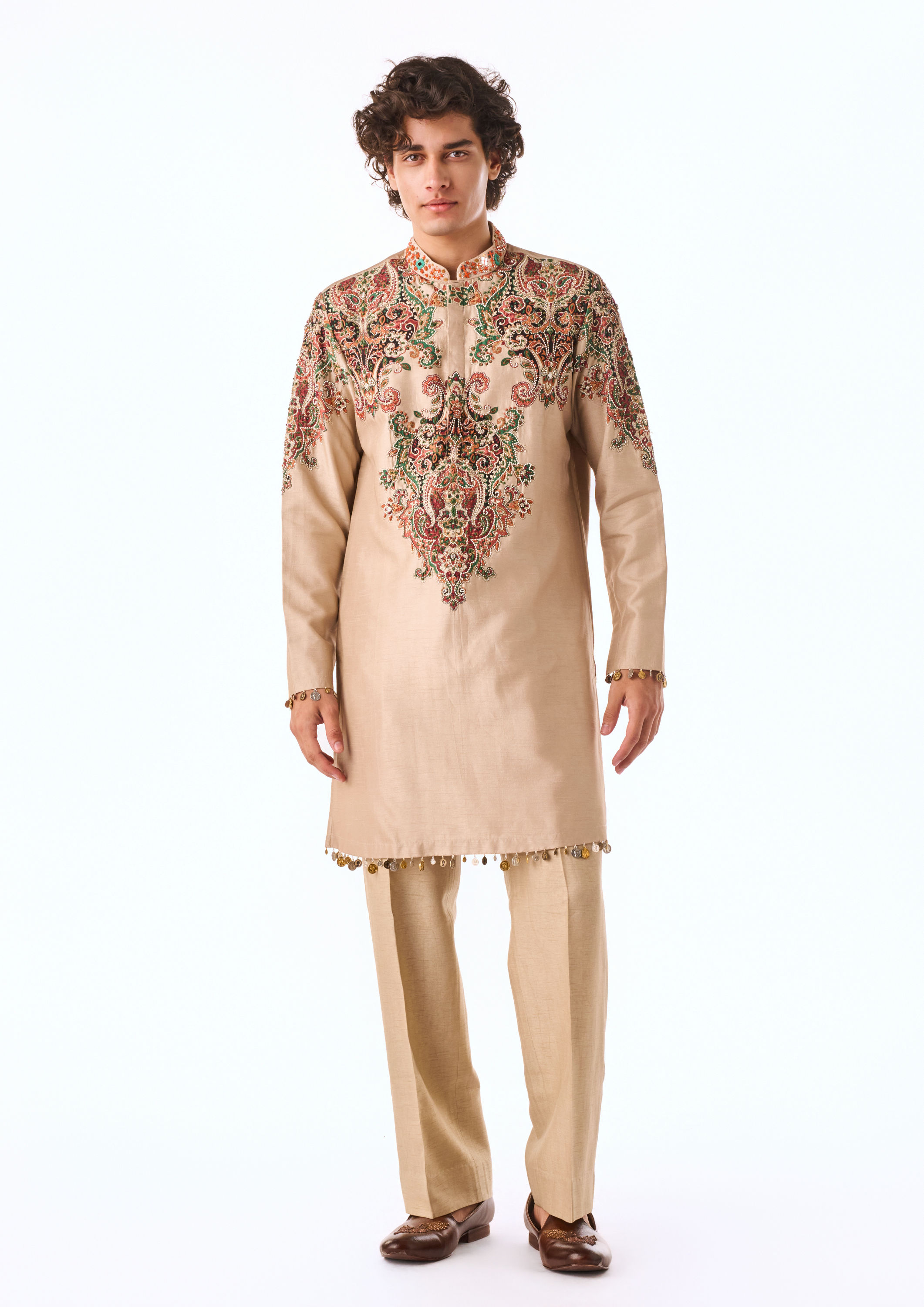 Twamev Men Beige Heritage Motif Kurta Set