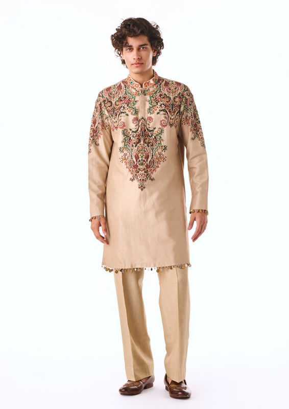 Twamev Men Beige Heritage Motif Kurta Set