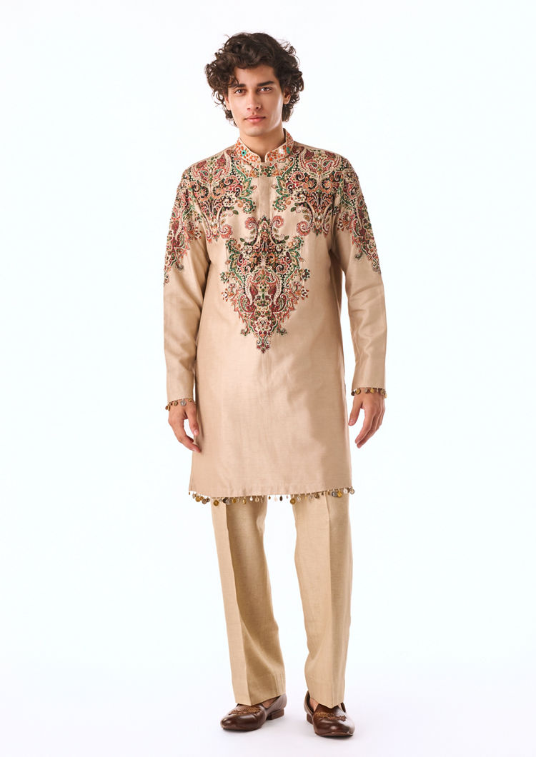 Twamev Men Beige Heritage Motif Kurta Set
