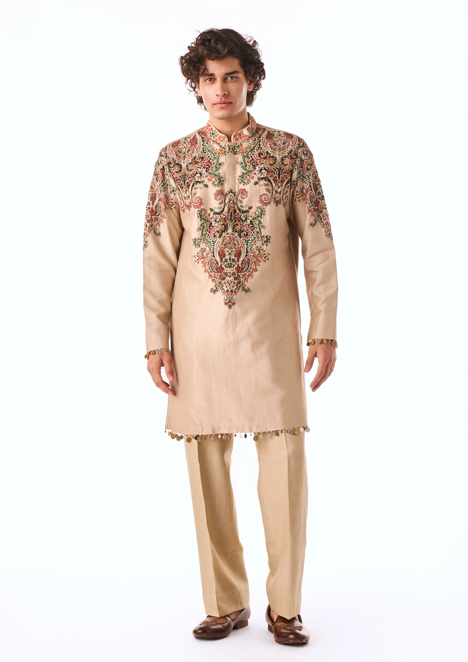 Twamev Men Beige Heritage Motif Kurta Set