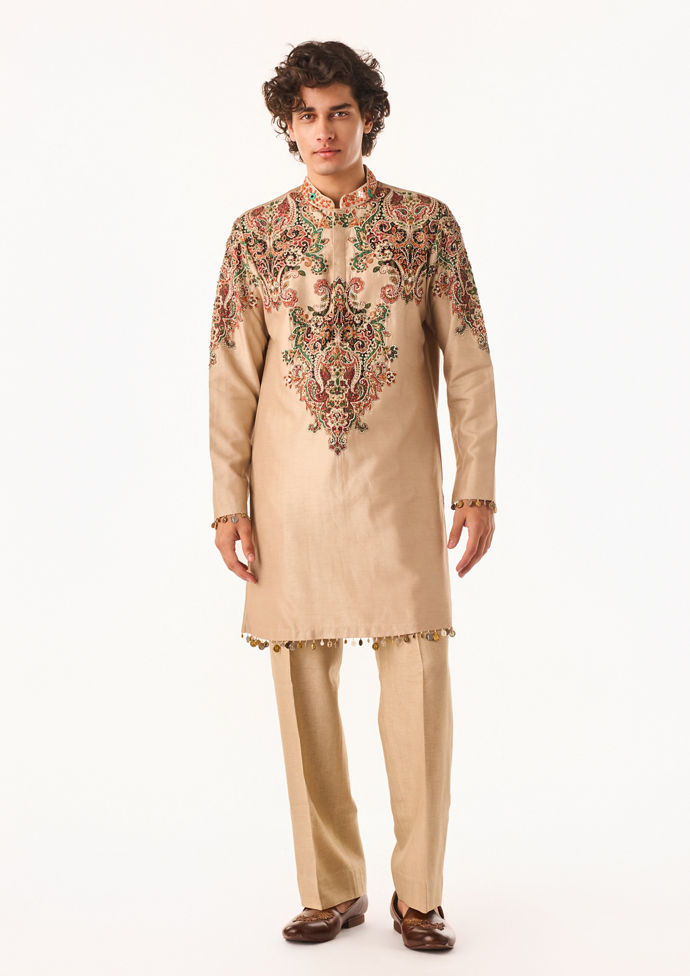Twamev Men Beige Heritage Motif Kurta Set
