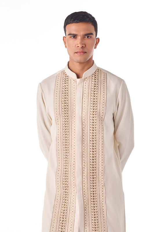 Twamev Men Ivory Textured Embroidered Kurta Set