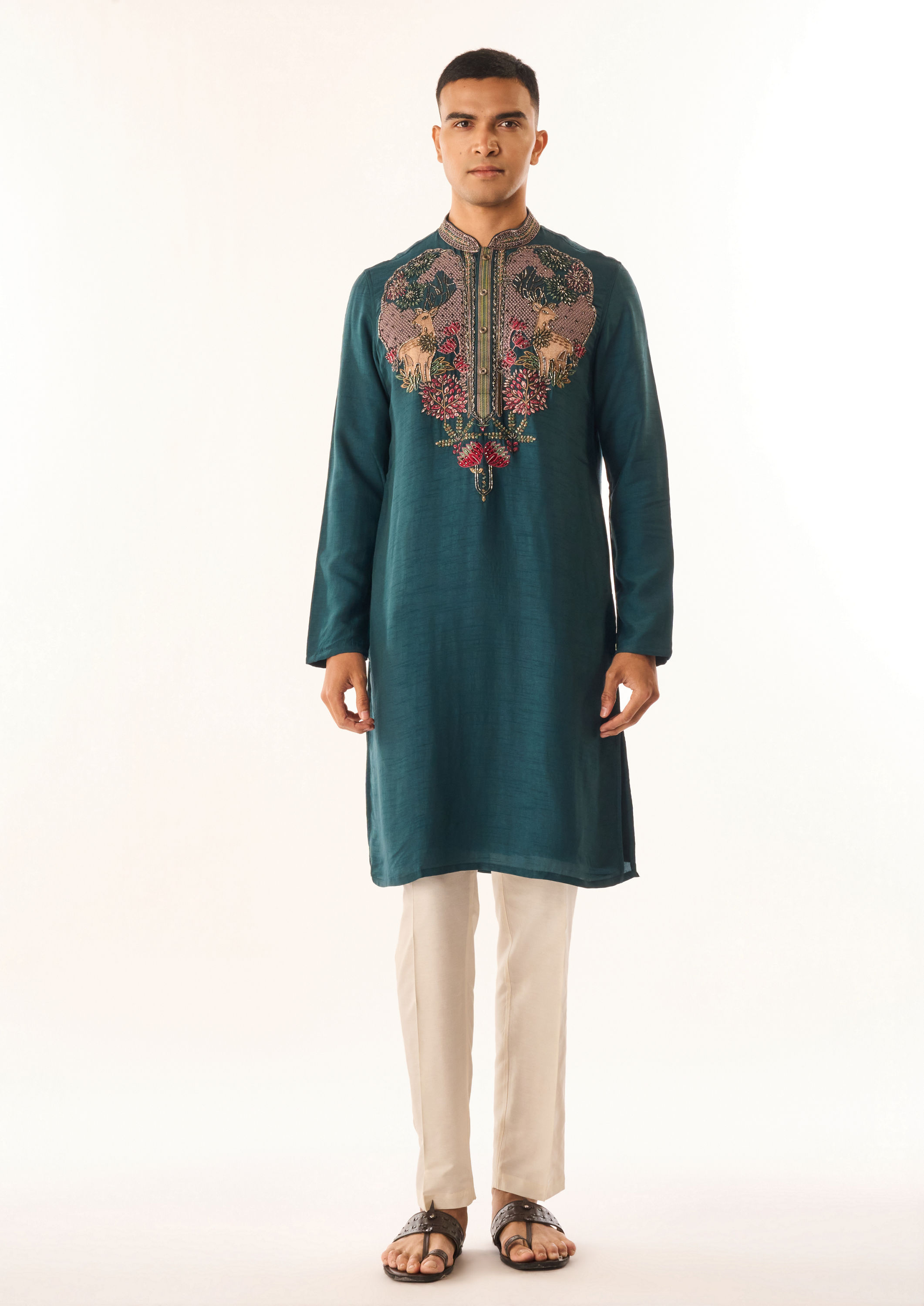 Twamev Men Dark Green Silk Kurta Set with Embroidery