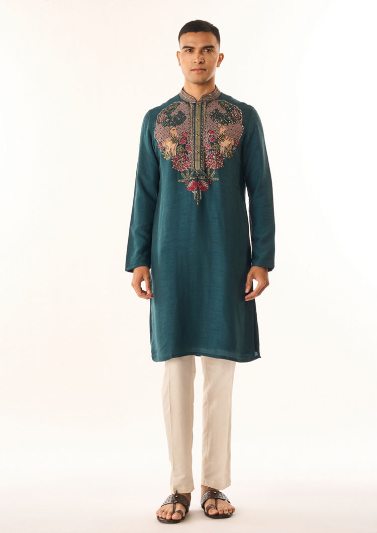Twamev Men Dark Green Silk Kurta Set with Embroidery