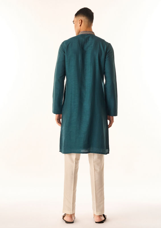 Twamev Men Dark Green Silk Kurta Set with Embroidery