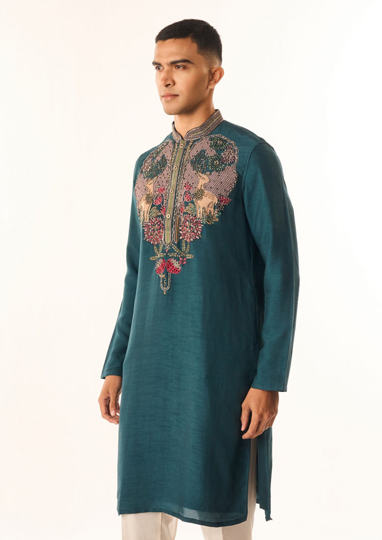 Twamev Men Dark Green Silk Kurta Set with Embroidery