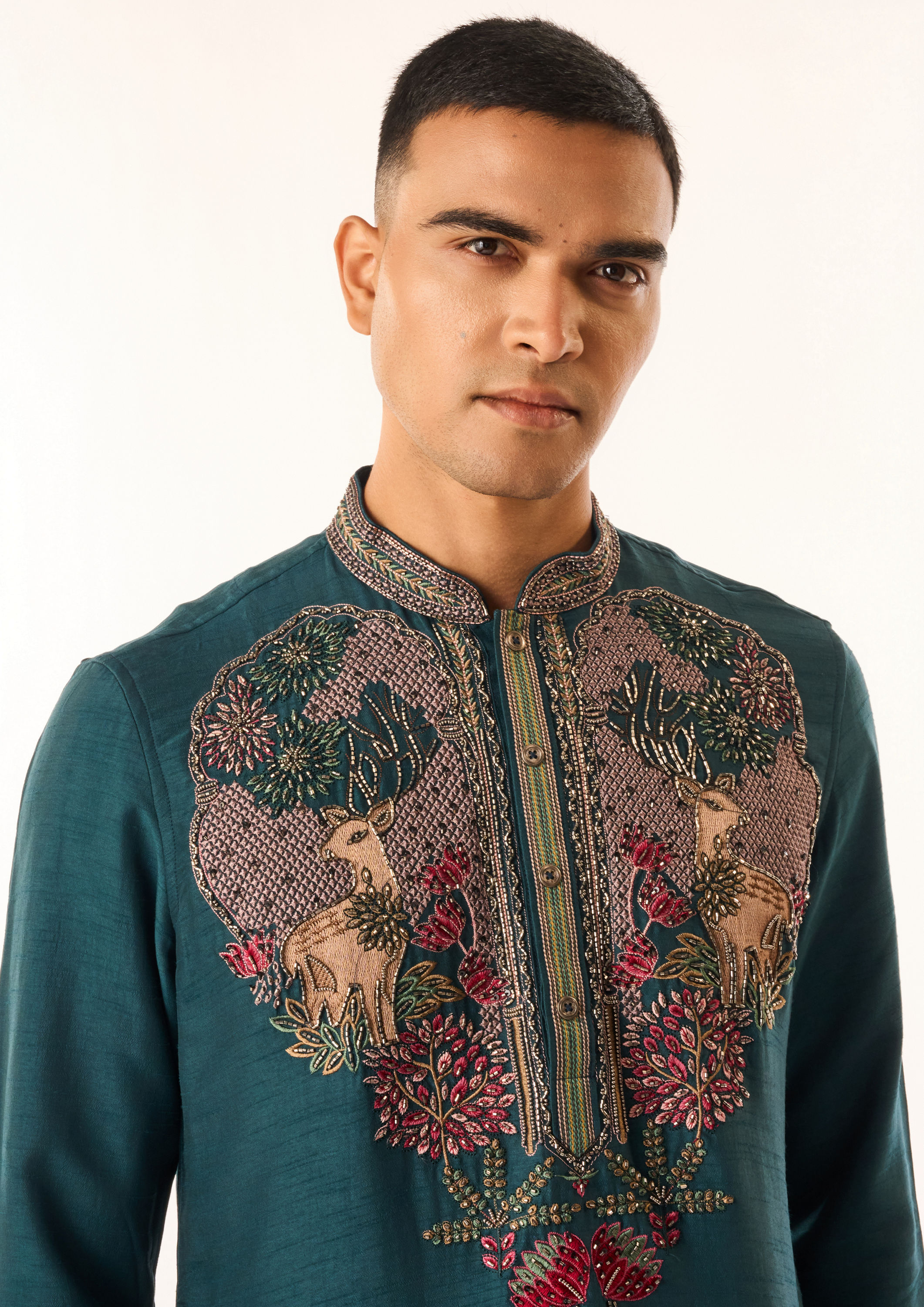 Twamev Men Dark Green Silk Kurta Set with Embroidery