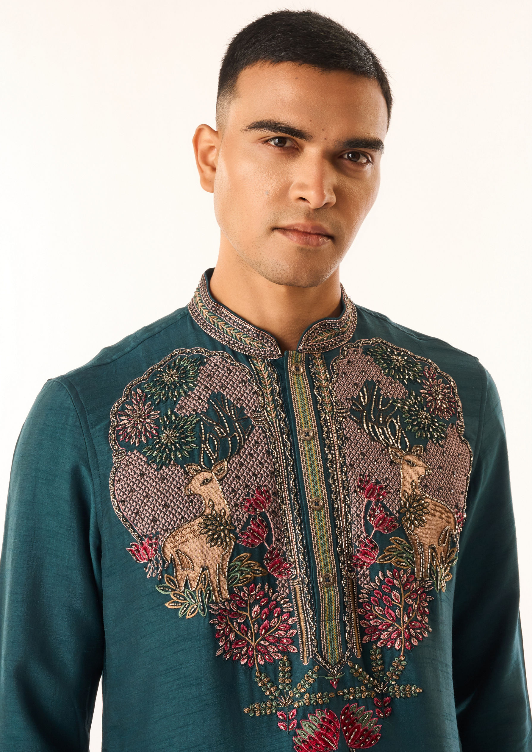 Twamev Men Dark Green Silk Kurta Set with Embroidery