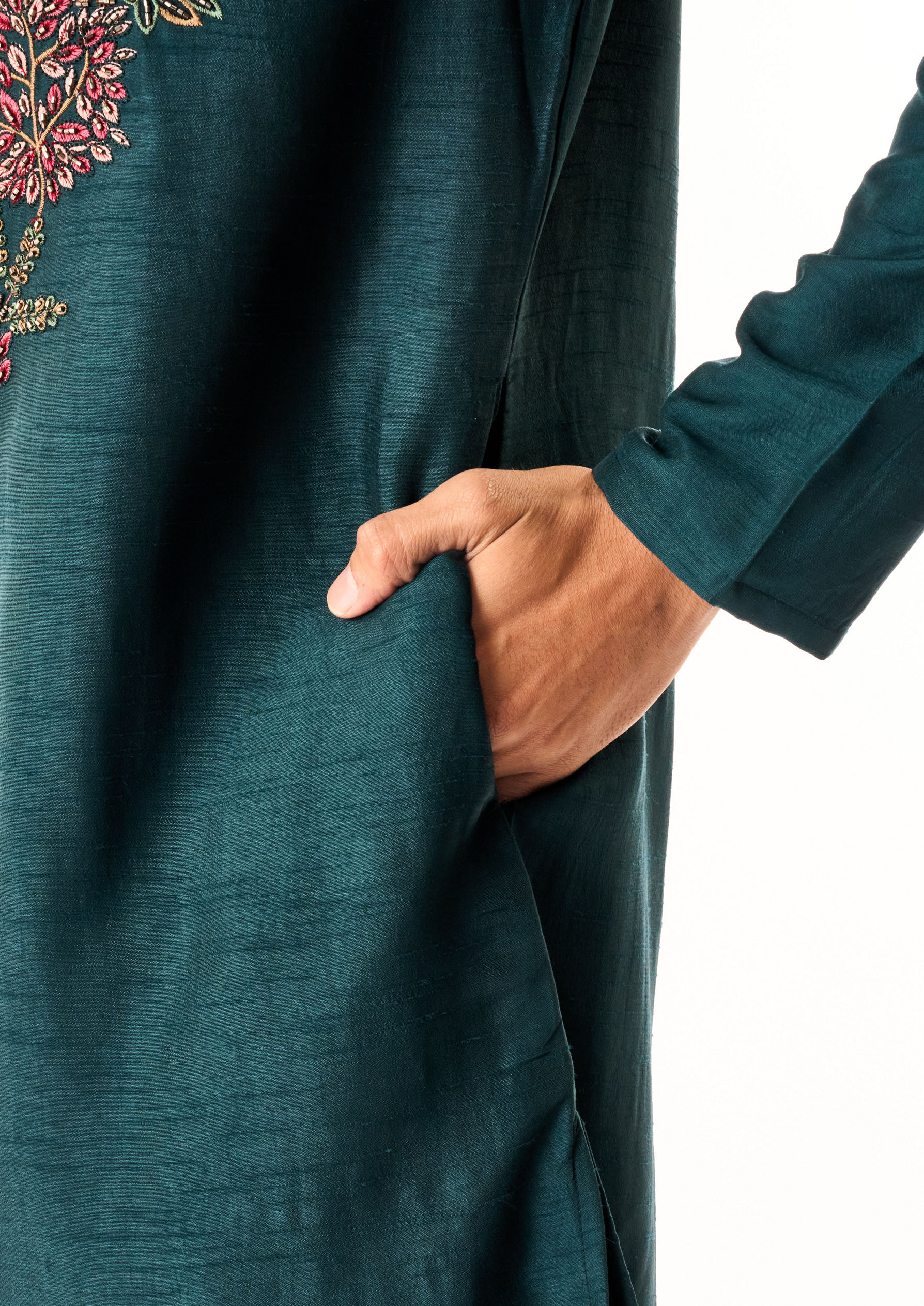 Twamev Men Dark Green Silk Kurta Set with Embroidery