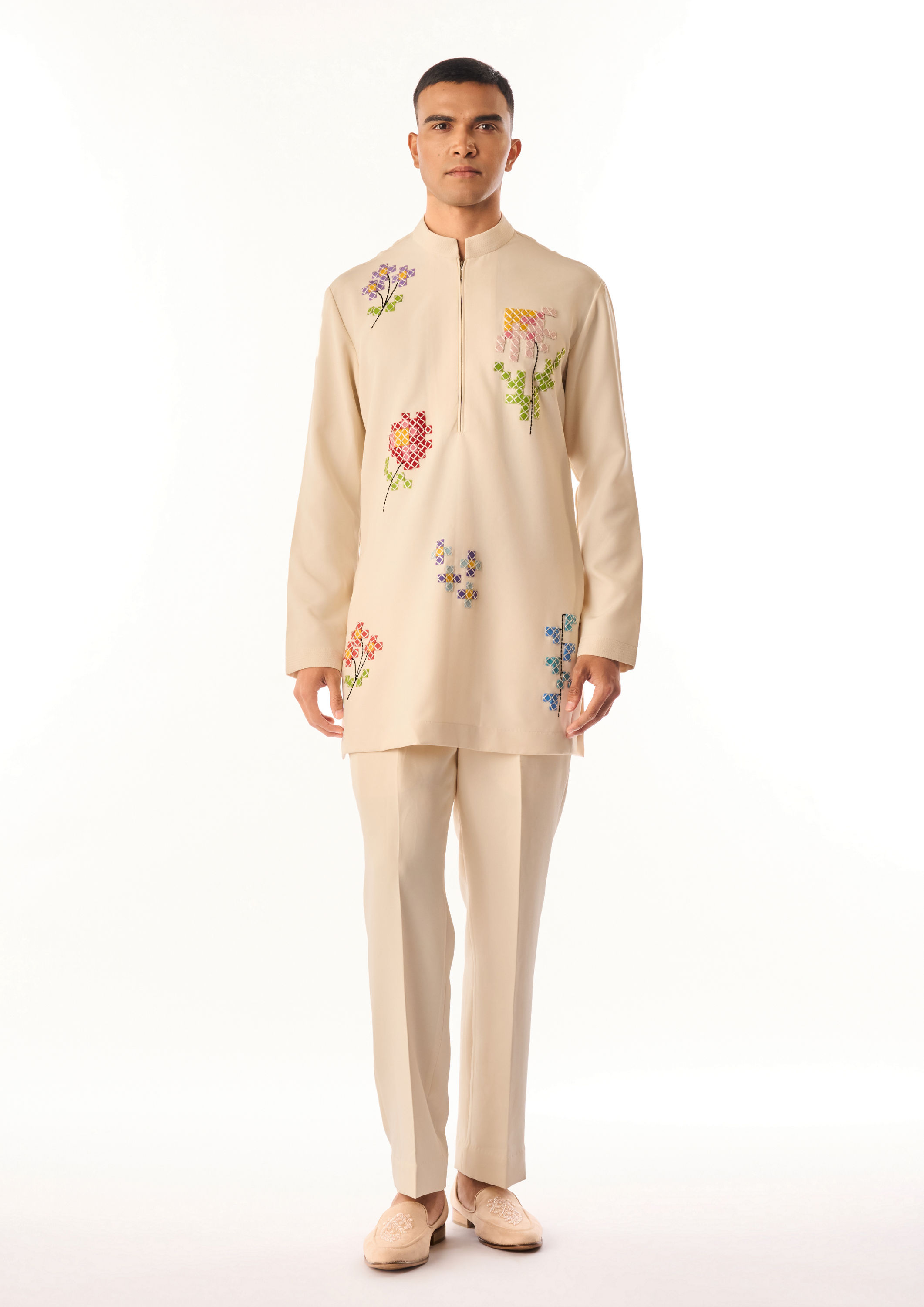 Twamev Men Cream Crepe Kurta Set with Floral Embroidery