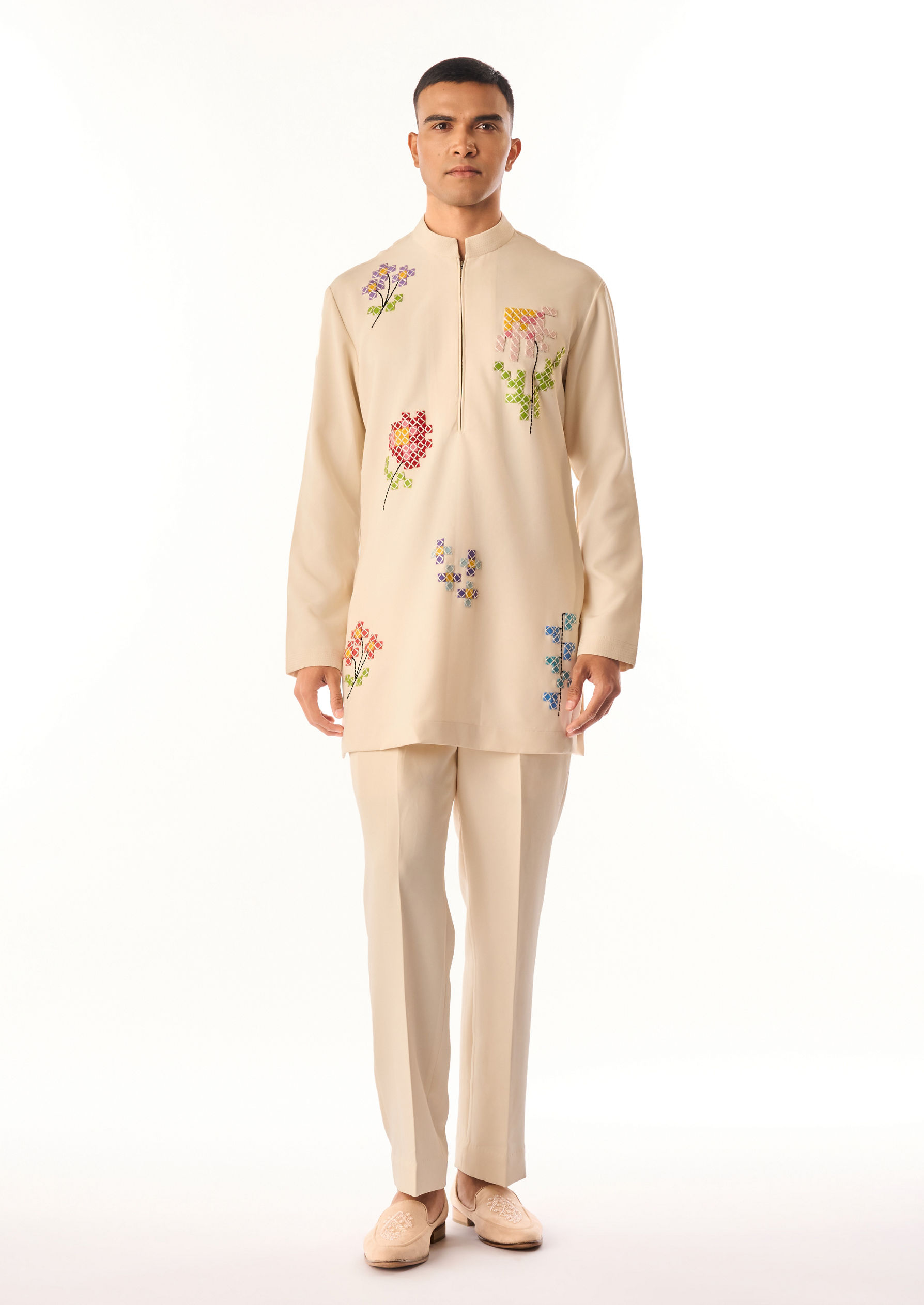 Twamev Men Cream Crepe Kurta Set with Floral Embroidery