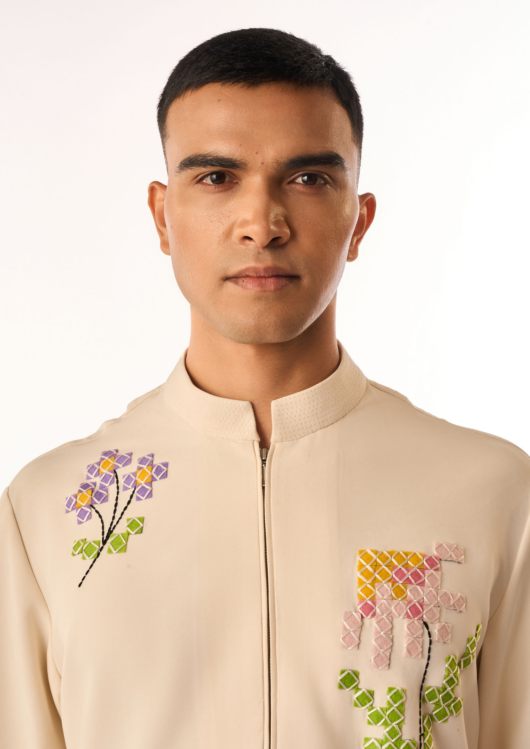 Twamev Men Cream Crepe Kurta Set with Floral Embroidery