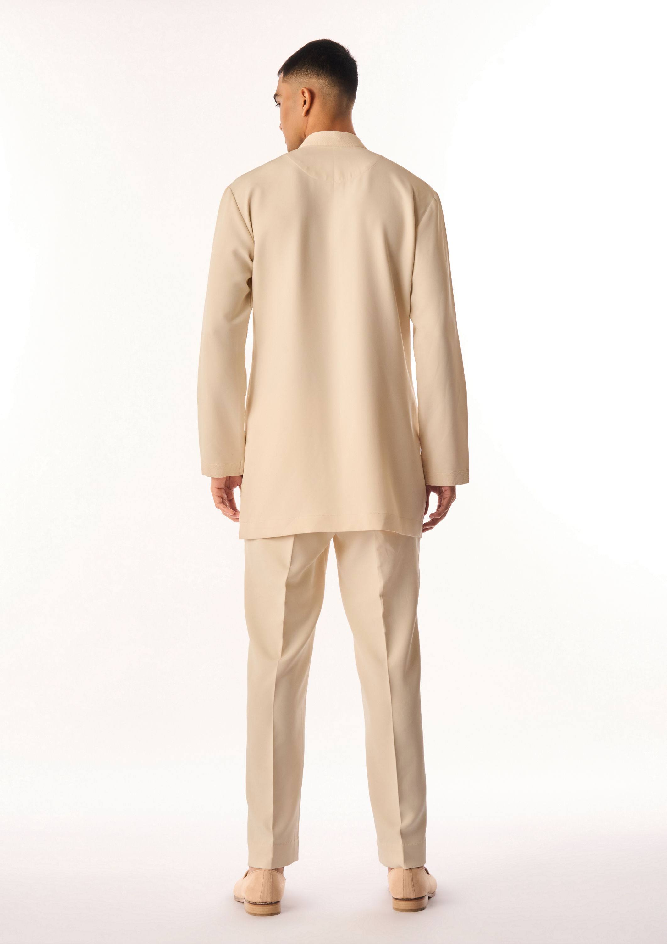 Twamev Men Cream Crepe Kurta Set with Floral Embroidery