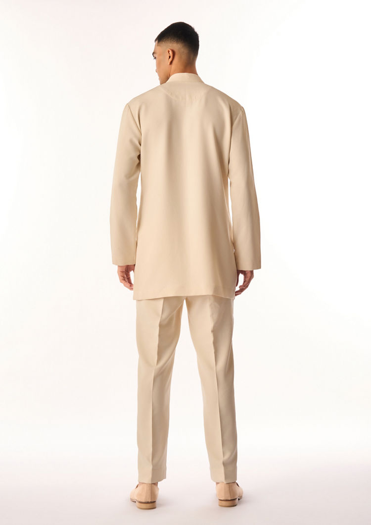 Twamev Men Cream Crepe Kurta Set with Floral Embroidery