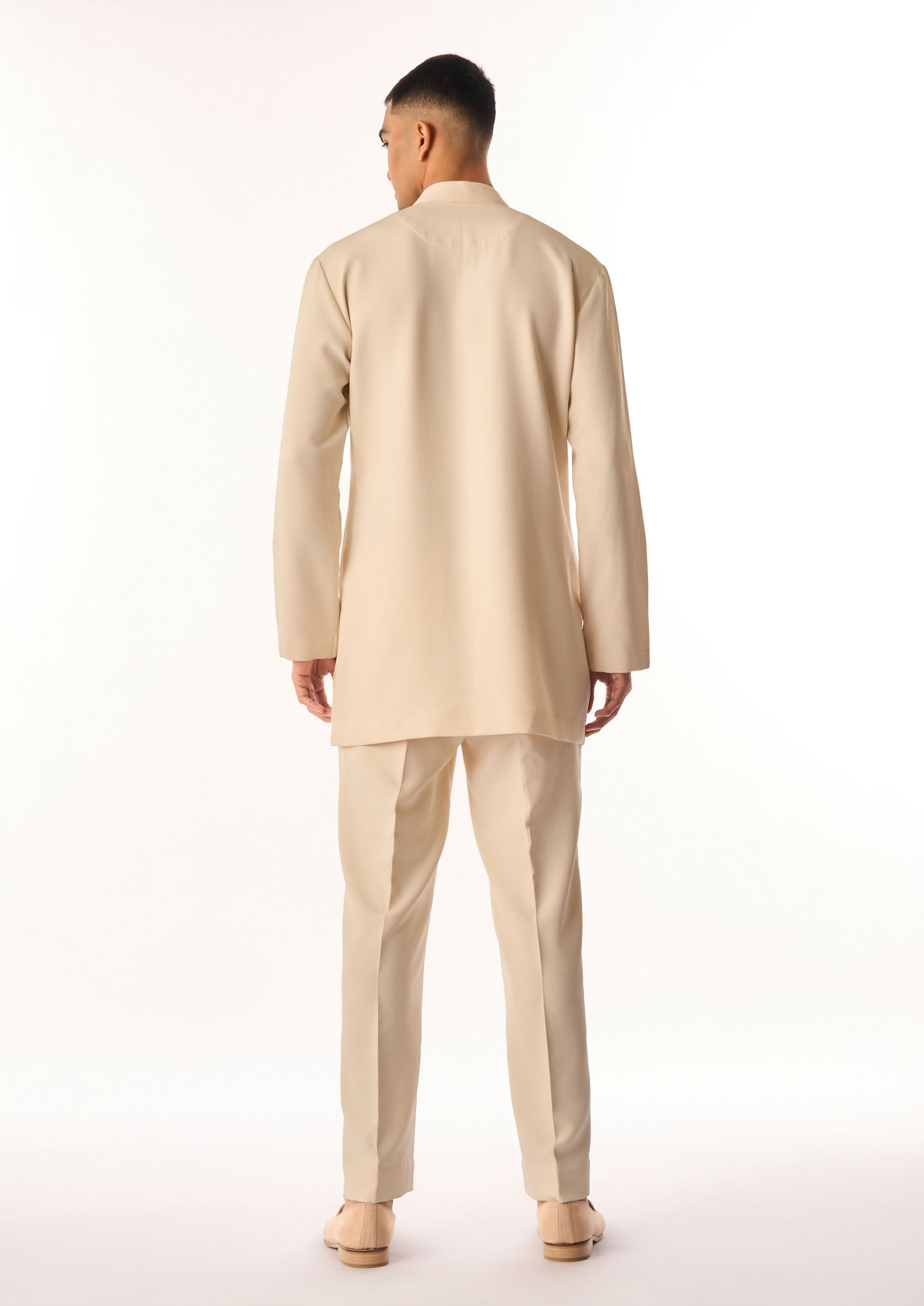 Twamev Men Cream Crepe Kurta Set with Floral Embroidery