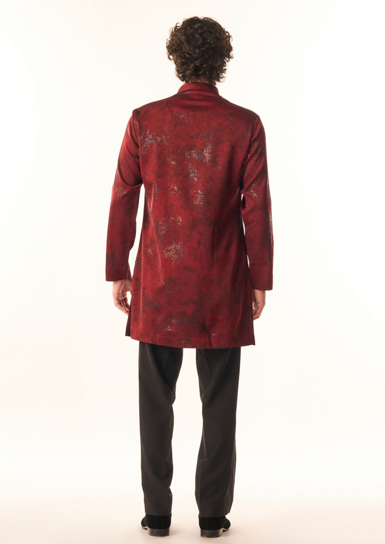 Twamev Men Maroon Satin Kurta Set with Print