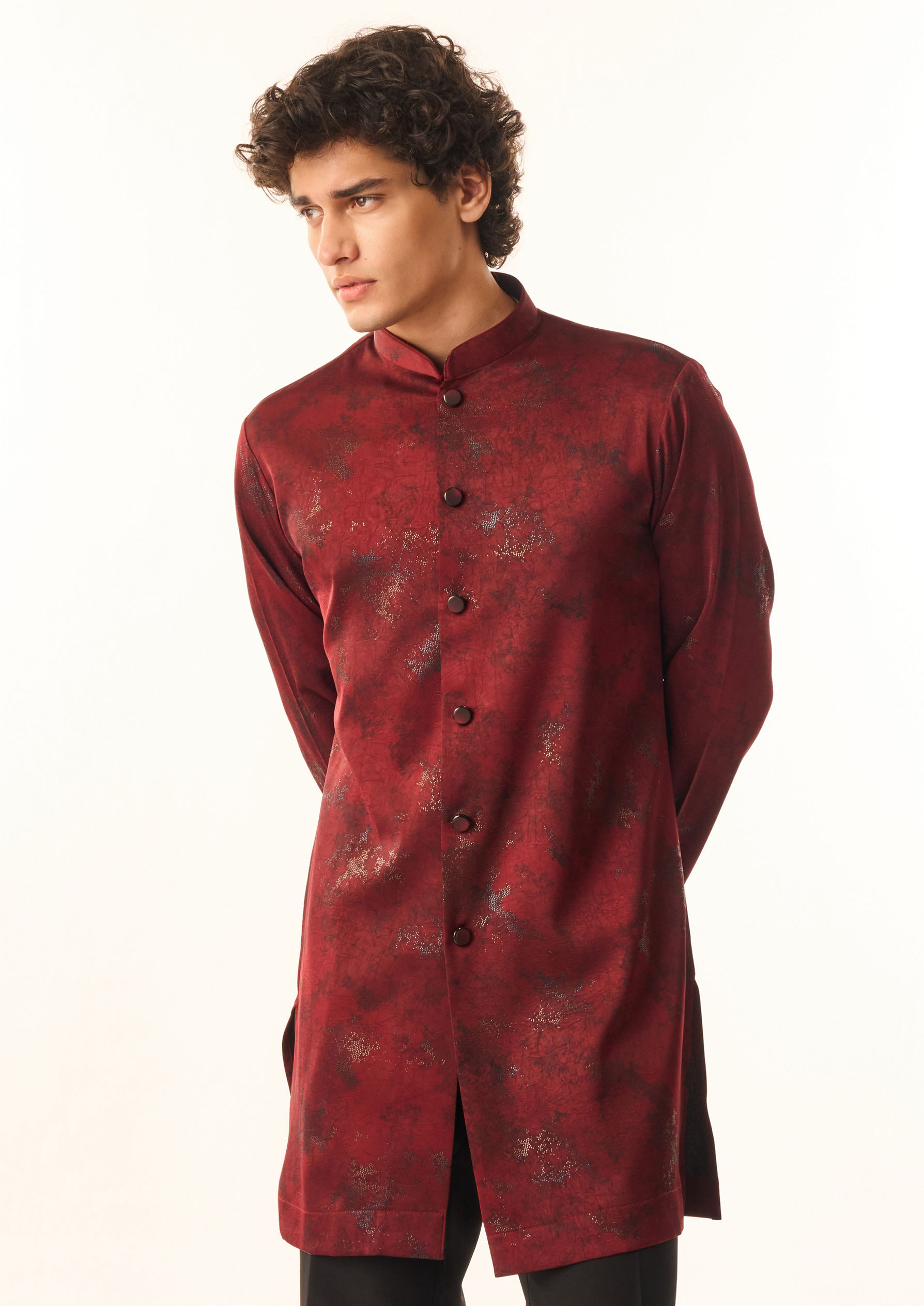 Twamev Men Maroon Satin Kurta Set with Print