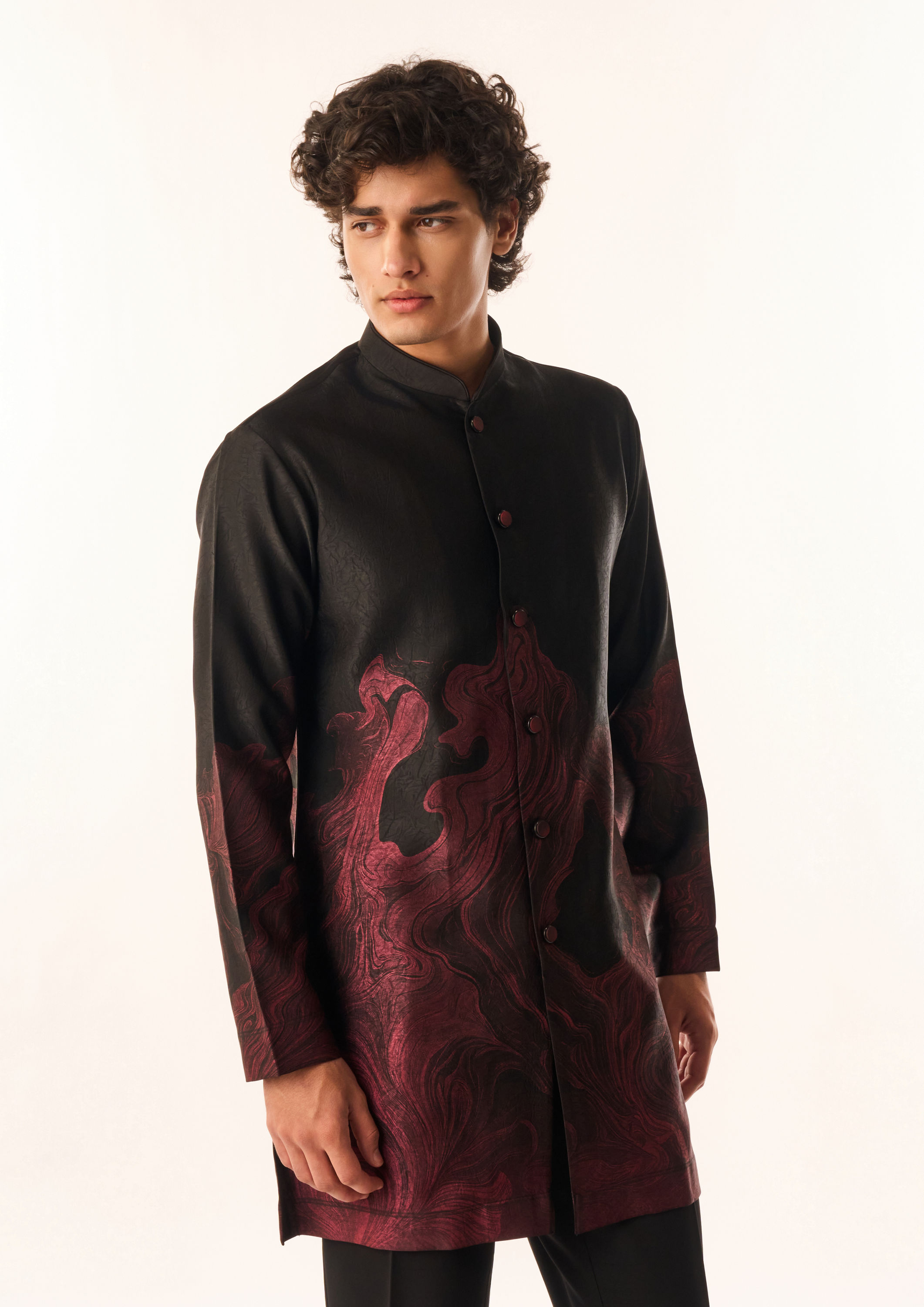 Twamev Men Black Satin Kurta Set with Embroidery