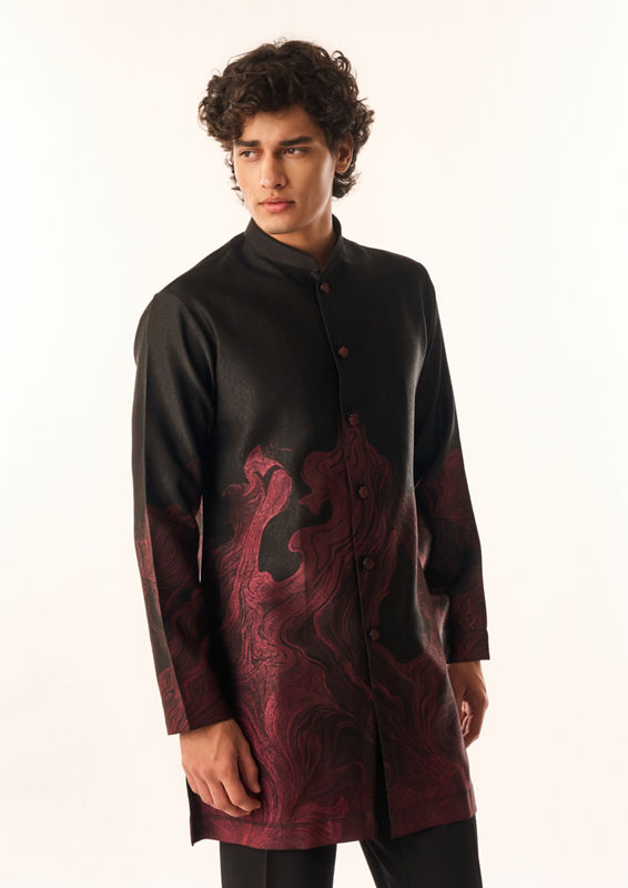 Twamev Men Black Satin Kurta Set with Embroidery