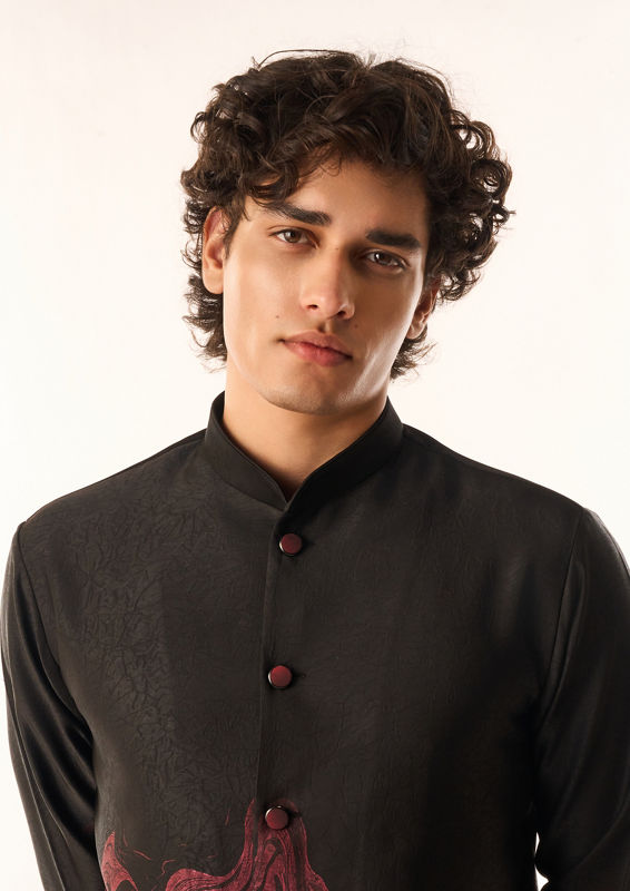 Twamev Men Black Satin Kurta Set with Embroidery