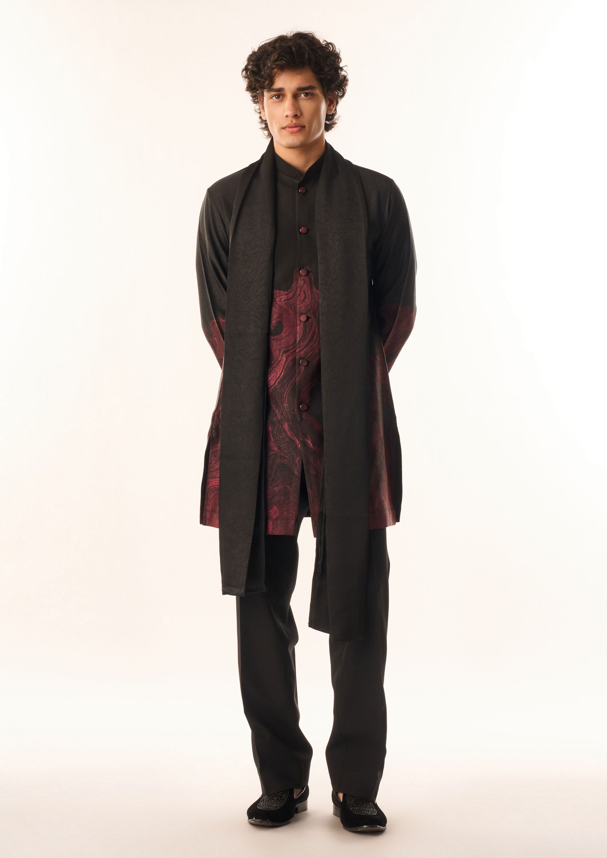 Twamev Men Black Satin Kurta Set with Embroidery