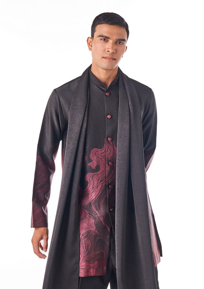 Twamev Men Black Satin Kurta Set with Embroidery