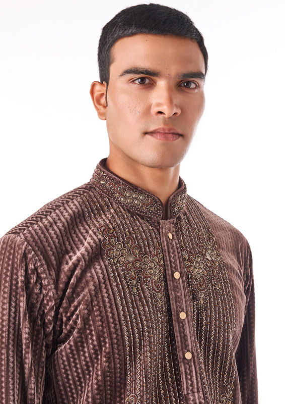 Twamev Men Brown Beaded Kurta Set