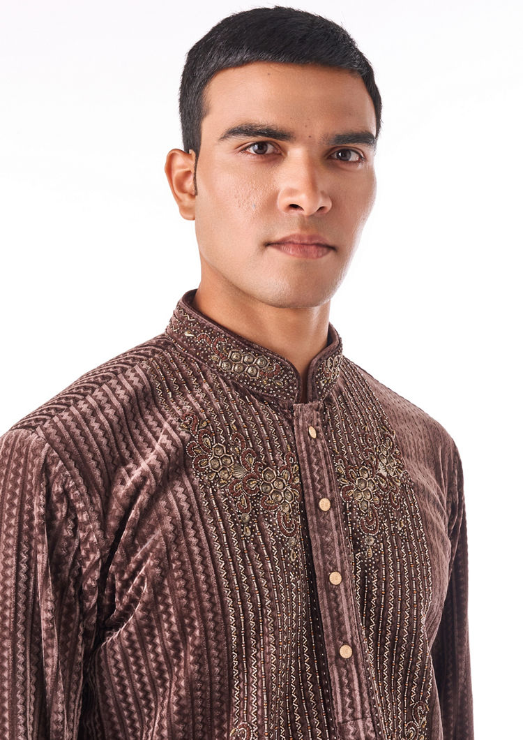 Twamev Men Brown Beaded Kurta Set