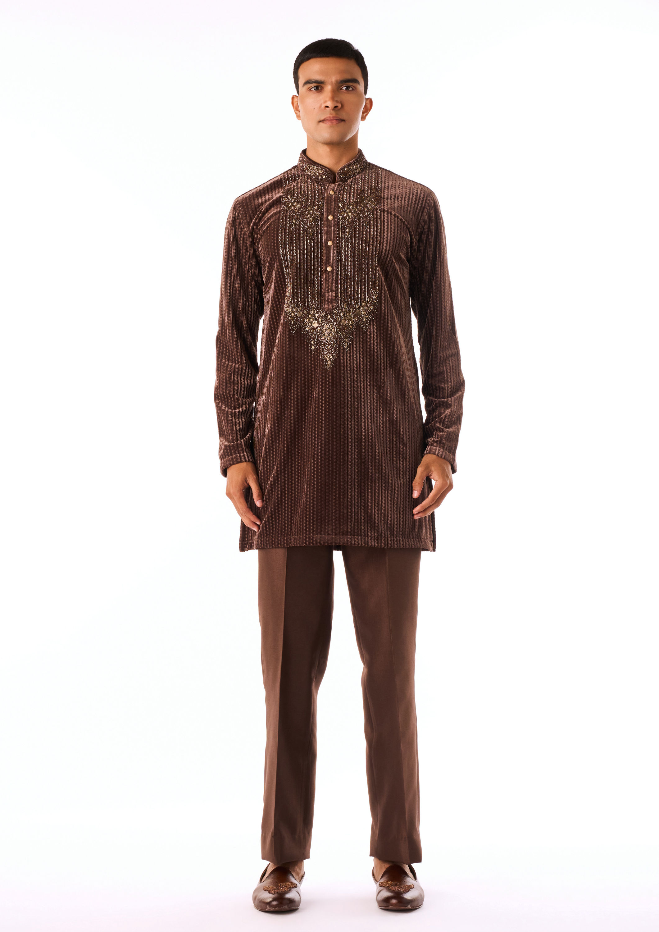 Twamev Men Brown Beaded Kurta Set